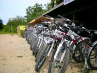 long rack of bikes in front of hire centre
